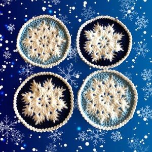 crochet christmas light blue and navy snowflake coasters HANDMADE